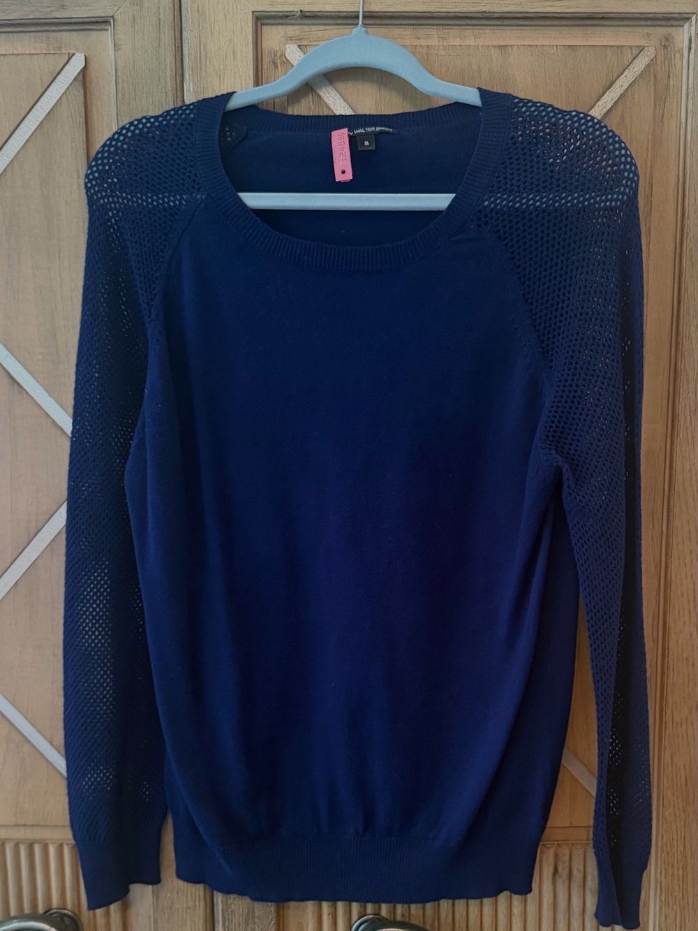 W118 by Walter Baker Navy Open-Weave Sleeve Crewneck Sweater